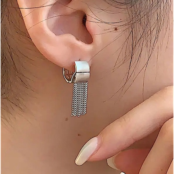 Sterling Silver Chain Tassel Fringe Punk Earrings - Picture 3 of 6